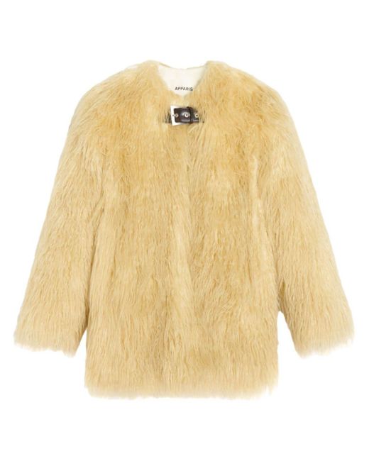 Apparis Yellow Petra Buckle-Fastening Faux-Fur Coat