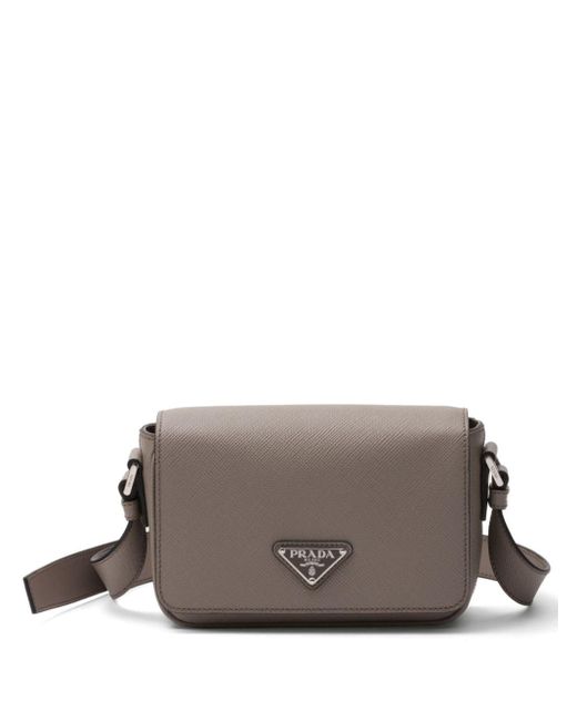 Prada Gray Saffiano Enamel Triangle Logo Flap Shoulder Bag for men