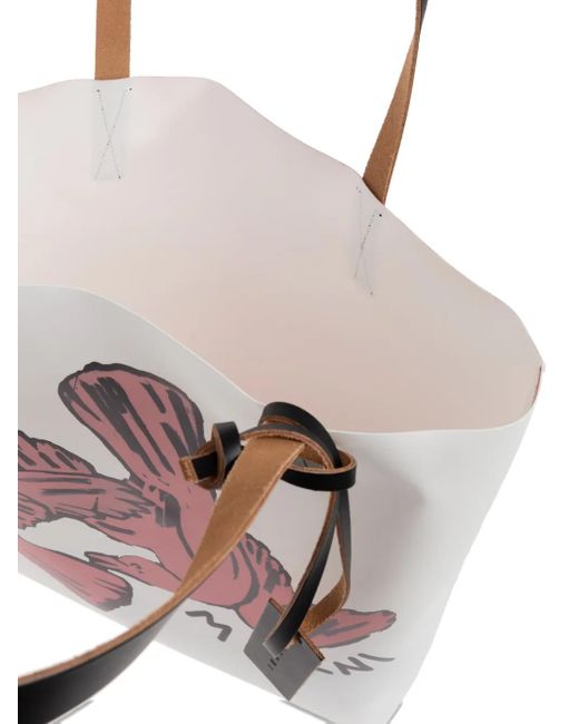 Marni Bird-print Leather Tote Bag Pink