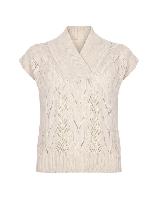D.exterior White Open-Knit Shawl-Collar Top
