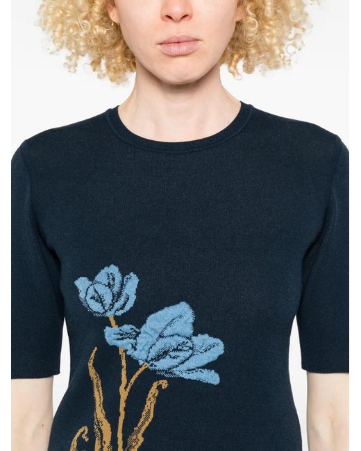 Erdem Blue T-Shirt En Maille À Fleurs