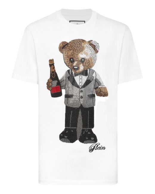 Philipp Plein White Round Neck T-Shirt Teddy Bear for men