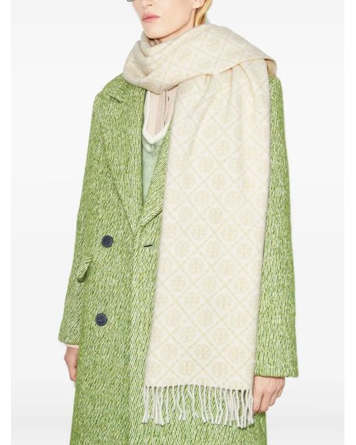 Tory Burch White Monogram-Pattern Fringed Scarf