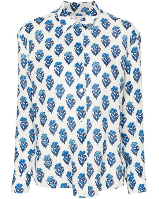 Mc2 Saint Barth Blue Floral-print Linen Shirt