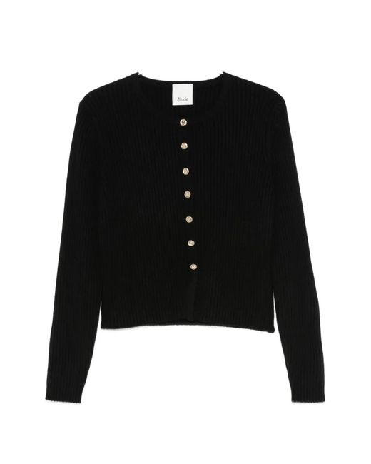 Allude Black Ribbed-Knit Button-Up Cardigan