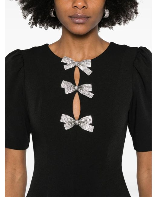 Nissa Black Crystal-Bow Crepe Midi Dress