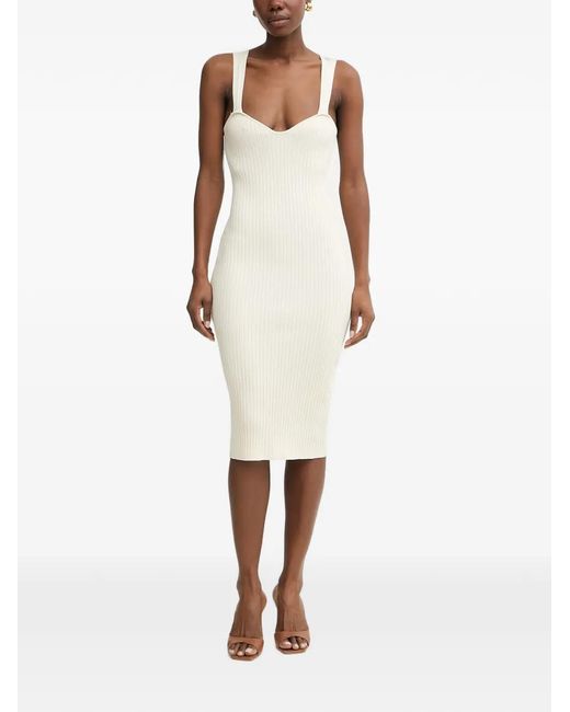 Fracomina White Ribbed-Knit Sweetheart-Neck Midi Dress