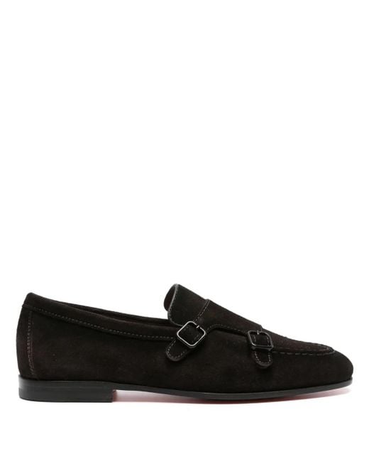 Santoni Black Double-Buckle Leather Loafers for men