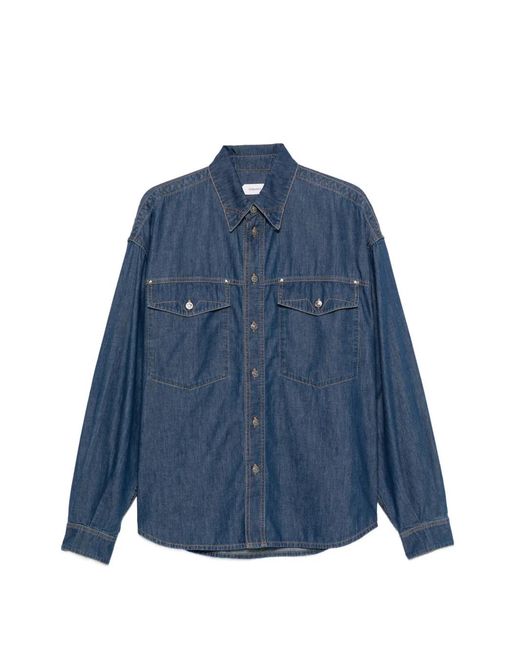 Versace Blue Embroidered-Logo Denim Cotton Shirt for men
