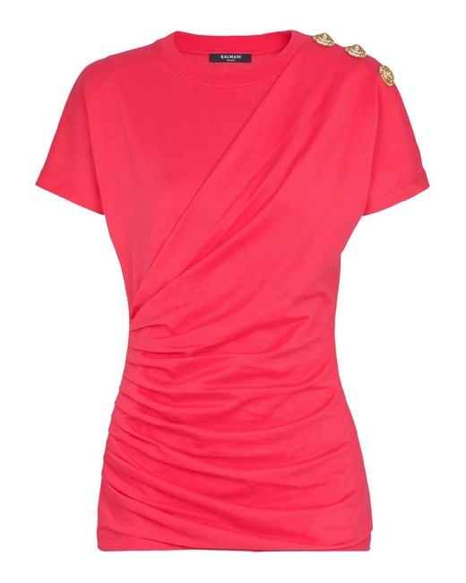Balmain Pink Draped-Detail Button T-Shirt