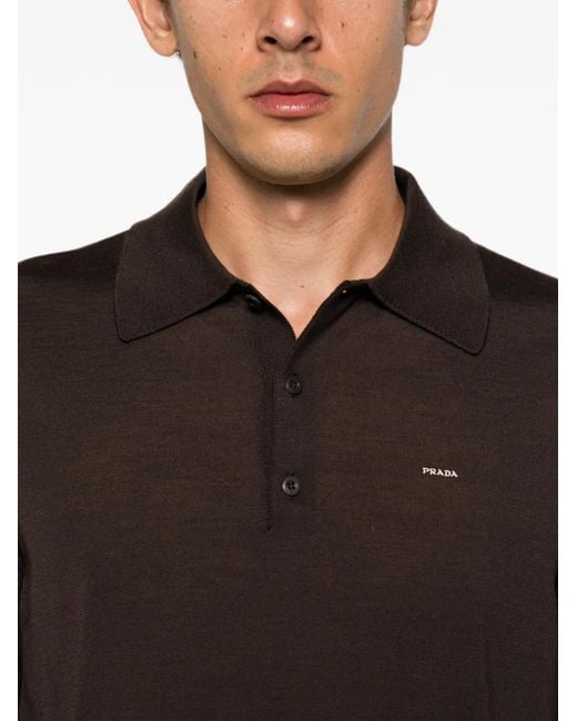 Prada Brown Logo-Embroidered Knitted Polo Shirt for men