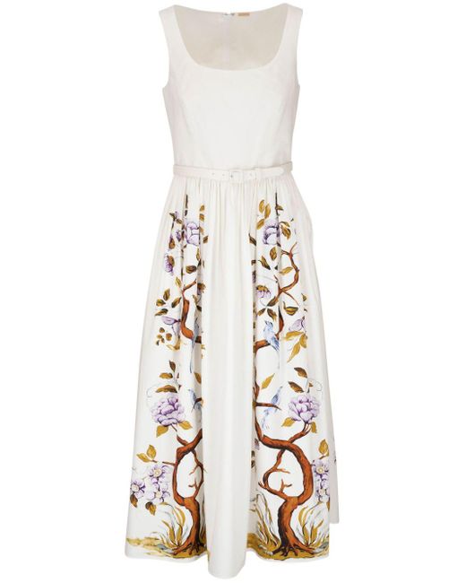 Adam Lippes White Tree Of Life-print Cotton Poplin Midi Dress