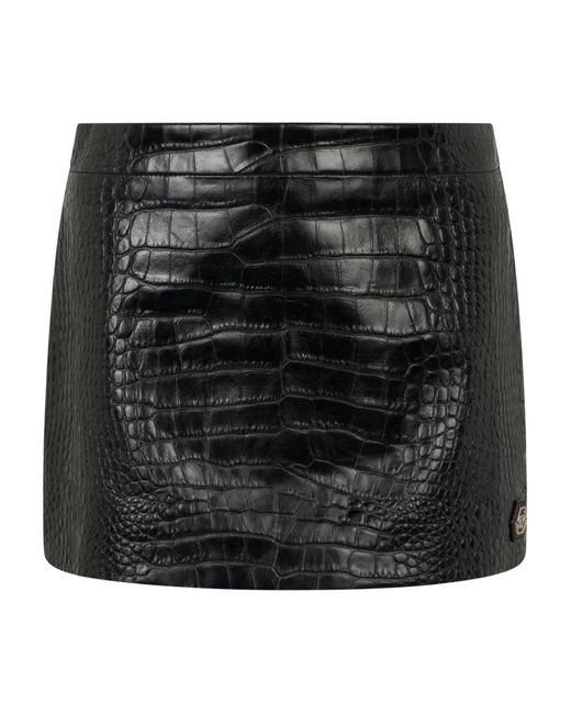 Philipp Plein Black Leather Mini Skirt Cocco