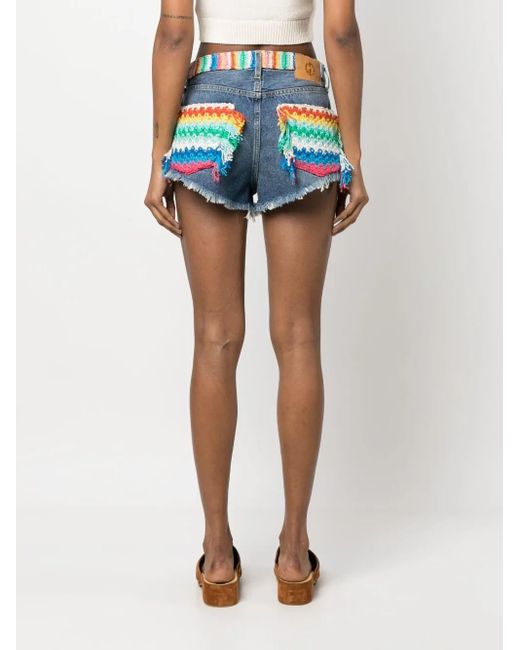 Alanui Blue Crochet-detail Mini Denim Shorts