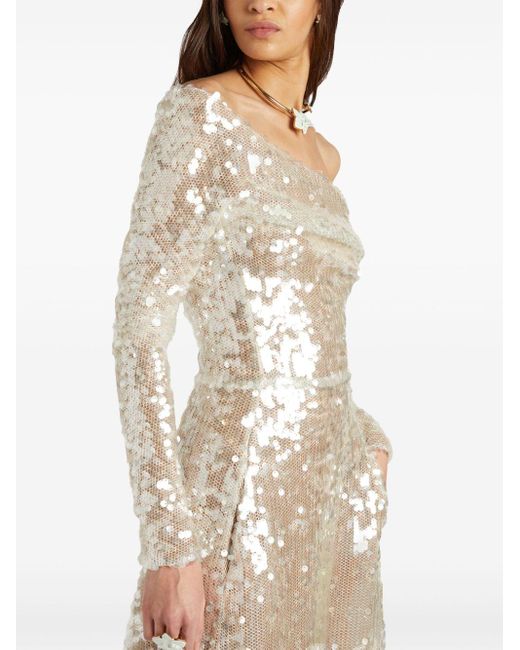 Genny White Sequined Off-Shoulder Maxi Dress