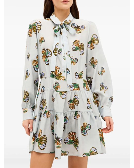 Marie Oliver Gray Gestuftes Ulanie Kleid mit Schmetterling-Print