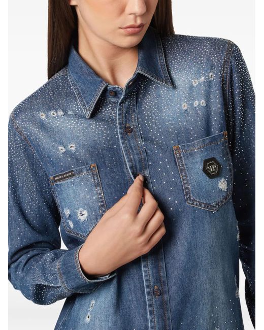 Philipp Plein Blue Rhinestone-Embellished Shirt