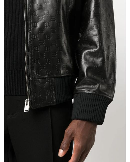 M I S B H V Black Monogram-Jacquard Leather Jacket for men