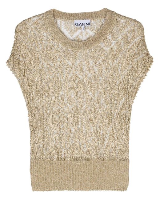 Ganni Natural Metallic-effect Open-knit T-shirt