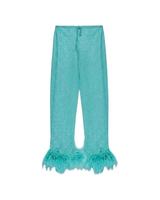 Oseree Blue Feather-Trim Trousers