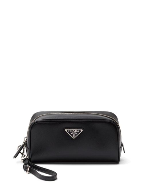 Prada Black Enamel-logo Saffiano Leather Clutch Bag for men