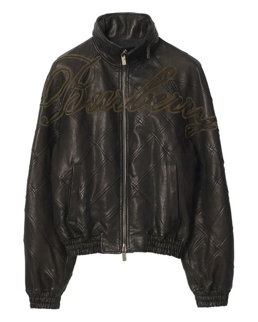 Burberry Black Cursive-Logo Leather Jacket for men