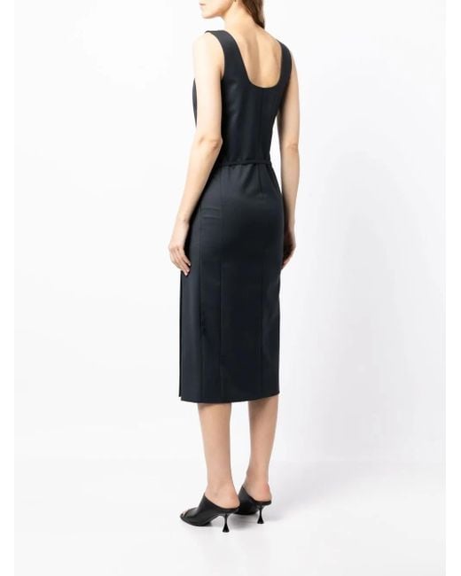 Low Classic Blue Side-Slit Belted Dress