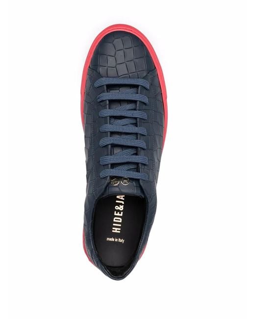 HIDE & JACK Blue Crocodile-Embossed Low-Top Leather Sneakers for men