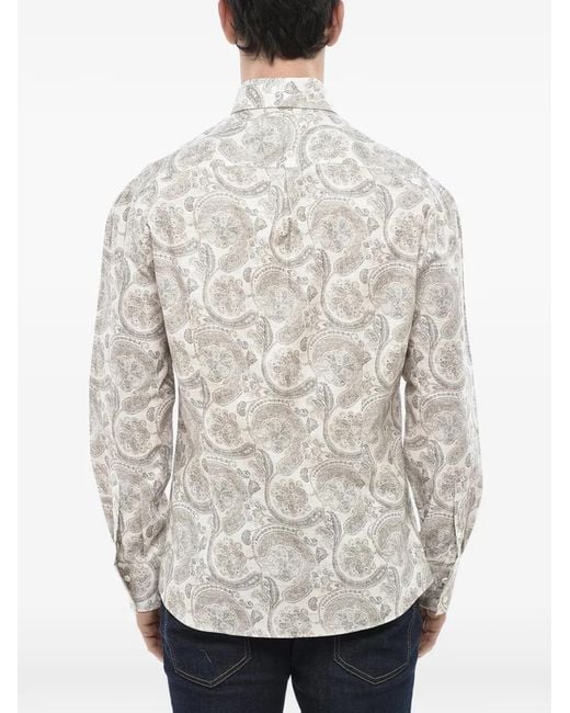 Brunello Cucinelli White Paisley-Print Button-Down Cotton Shirt for men