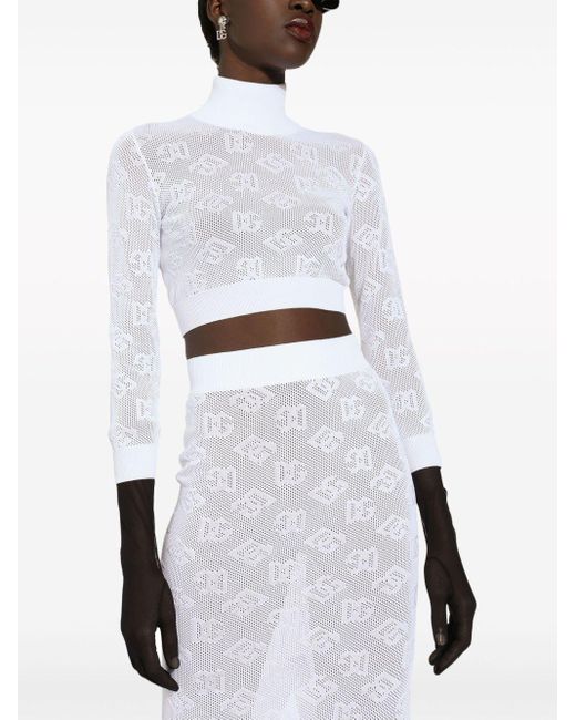 Dolce & Gabbana White Logo-jacquard Roll-neck Crop Top