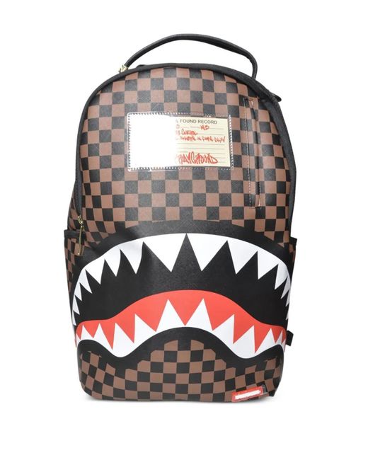 Sprayground Brown Checkerboard-Pattern Shark-Detail Backpack