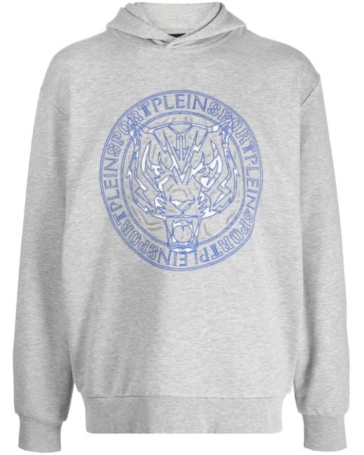Philipp Plein Gray Tiger-Print Cotton Hoodie for men