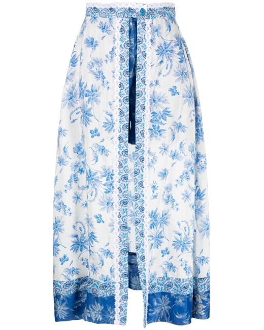 Sandro Blue Floral-print Open Skirt