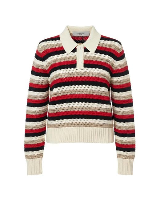 Golden Goose Deluxe Brand Red Striped Crochet-Knit Polo Top