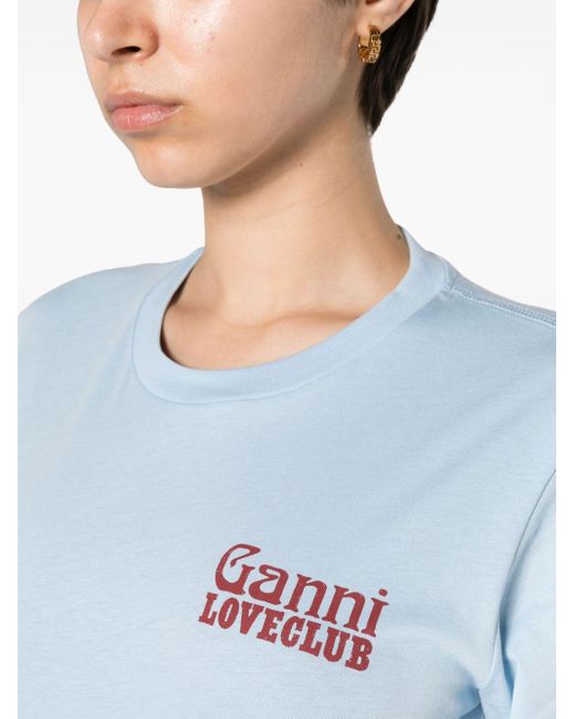 Ganni Blue T-Shirt aus Bio-Baumwolle mit Logo-Print