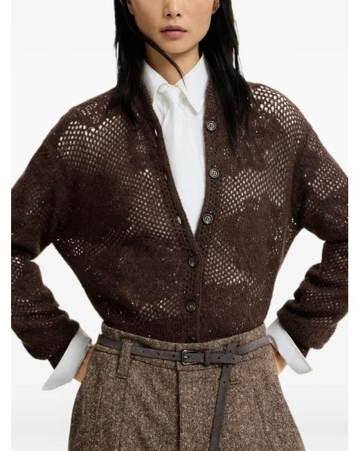 Brunello Cucinelli Brown Cardigan À Fleurs En Dentelle En Mohair Scintillant Et Laine Vierge
