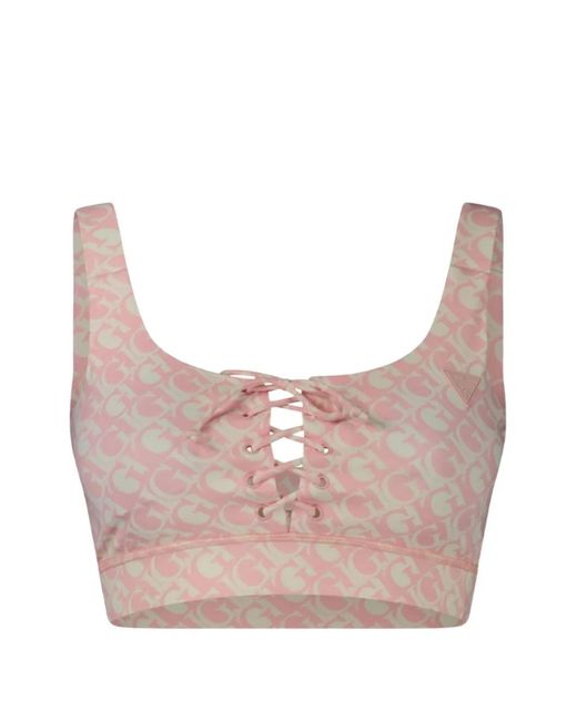 Guess Pink Logo-Print Lace-Up Crop Top