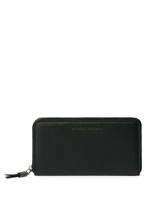 Brunello Cucinelli Black Grained-Leather Wallet With Shiny Zipper Pull