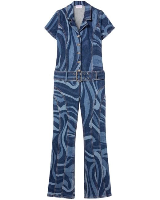 Emilio Pucci Blue Marmo-print Denim Jumpsuit - Women's - Cotton/elastane