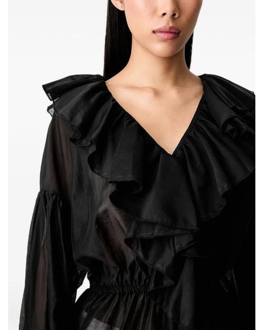 ViCOLO Black Ruffled V-Neck Blouse