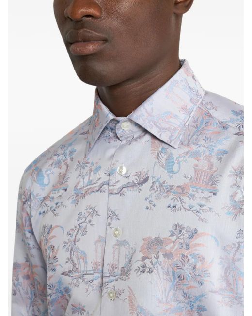 Etro Blue Cotton Jacquard Shirt With Flower And Animal Motif for men