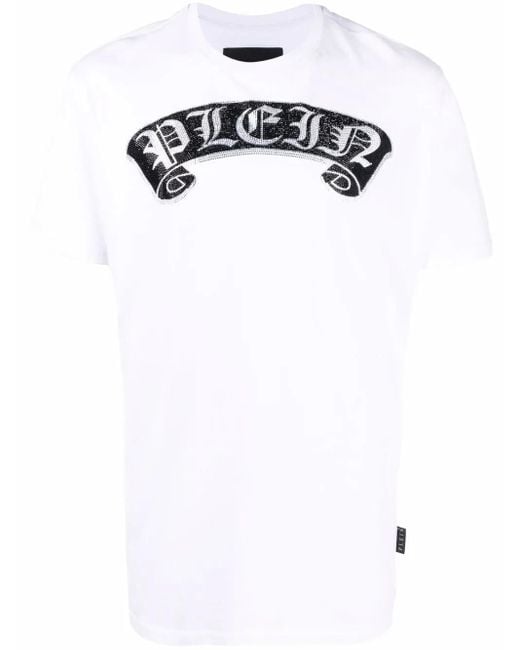 Philipp Plein White Rhinestone-Embellished Branded T-Shirt