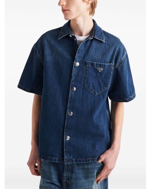 Chemise en jean à logo triangle Prada pour homme en coloris Blue