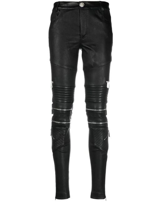 Philipp Plein Black Leather Trousers Long