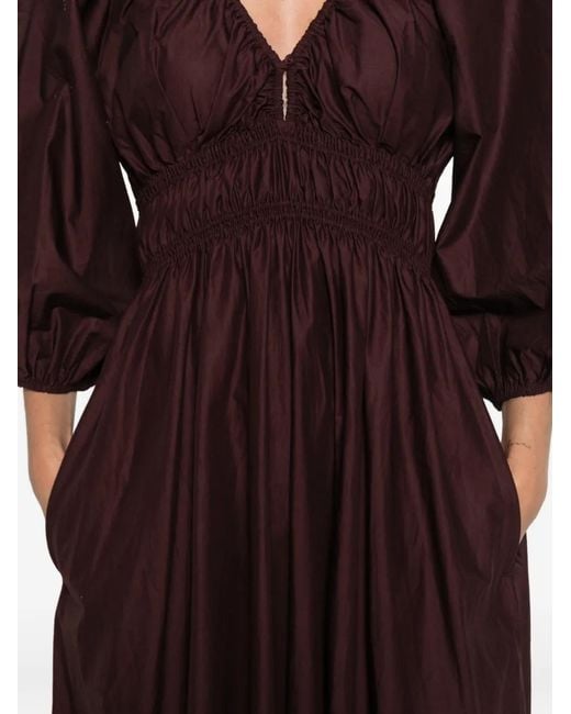 Matteau Purple Shirred Plunge Button Midi Dress
