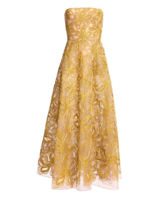 Elie Saab Yellow Floral Embroidered Strapless Maxi Dress