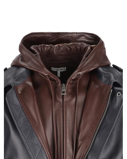 Loewe Gray Hooded Layered Leather Jacket for men