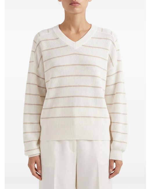 Brunello Cucinelli White Striped Ribbed-Knit Sweater
