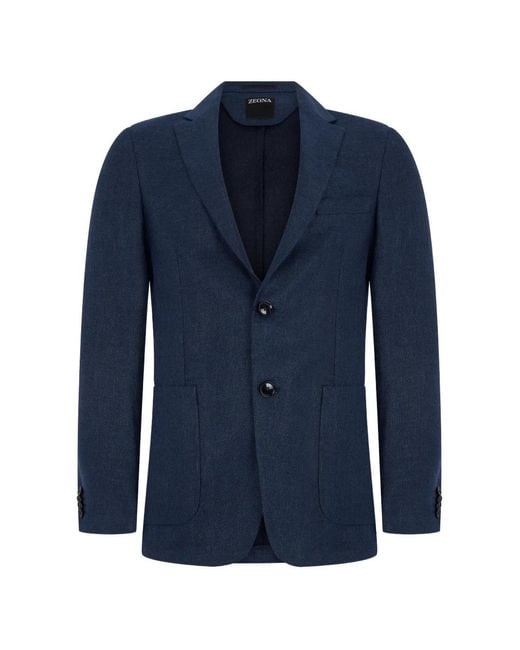 Zegna Blue Button Patch-Pocket Blazer for men