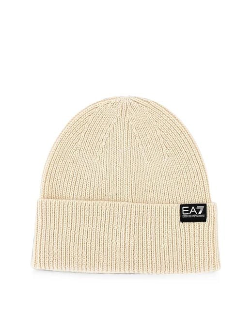 EA7 Natural Ribbed-Knit Beanie Hat for men